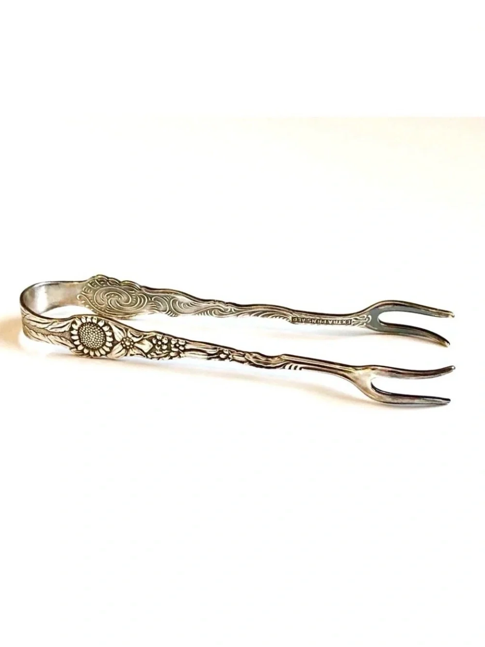 Antique Nils Johan Sweden Silver Plate Petite Forked Sugar Tongs Amsterdam Flora